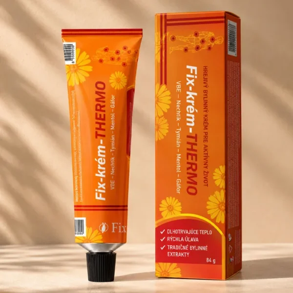 A Fix-krém-THERMO (84 g) egy prémiumkategóriás, melegítő hatású masszázskrém, amely kámfort, mentolt, vanillil-butil-étert, valamint körömvirágból és kakukkfűből álló fitoterápiás komplexet tartalmaz. Innovatív, háromfázisú formulájának köszönhetően azonnali és hosszan tartó enyhülést nyújt izom-, ízületi és hátfájdalom esetén. A krém mélyen átmelegíti a szöveteket, fokozza a vérkeringést, csökkenti a gyulladást, valamint lerövidíti a sportolást vagy fizikai megterhelést követő regenerációs időt.