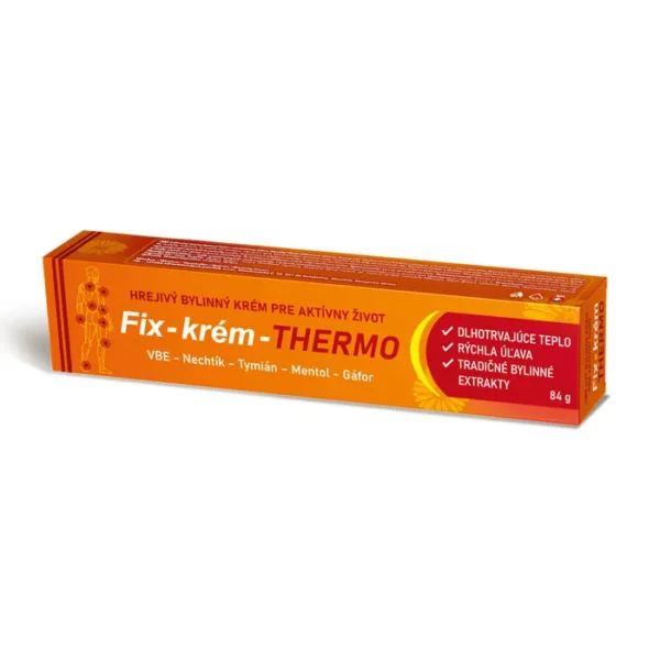 A Fix-krém-THERMO (84 g) egy prémiumkategóriás, melegítő hatású masszázskrém, amely kámfort, mentolt, vanillil-butil-étert, valamint körömvirágból és kakukkfűből álló fitoterápiás komplexet tartalmaz. Innovatív, háromfázisú formulájának köszönhetően azonnali és hosszan tartó enyhülést nyújt izom-, ízületi és hátfájdalom esetén. A krém mélyen átmelegíti a szöveteket, fokozza a vérkeringést, csökkenti a gyulladást, valamint lerövidíti a sportolást vagy fizikai megterhelést követő regenerációs időt.