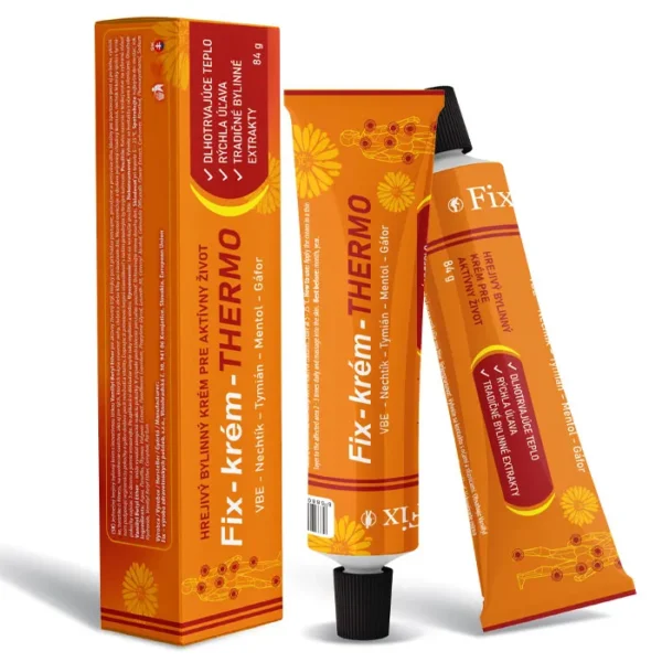 A Fix-krém-THERMO (84 g) egy prémiumkategóriás, melegítő hatású masszázskrém, amely kámfort, mentolt, vanillil-butil-étert, valamint körömvirágból és kakukkfűből álló fitoterápiás komplexet tartalmaz. Innovatív, háromfázisú formulájának köszönhetően azonnali és hosszan tartó enyhülést nyújt izom-, ízületi és hátfájdalom esetén. A krém mélyen átmelegíti a szöveteket, fokozza a vérkeringést, csökkenti a gyulladást, valamint lerövidíti a sportolást vagy fizikai megterhelést követő regenerációs időt.